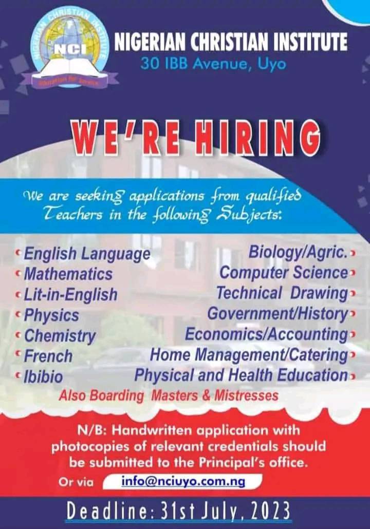 NCI Teachers Recruitment 