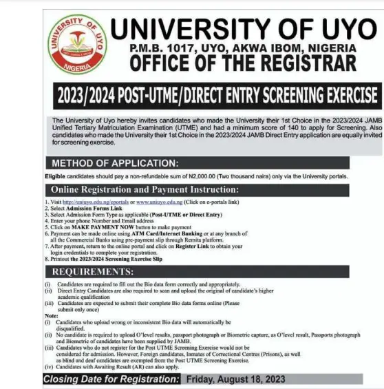 UNIUYO Direct Entry Admission