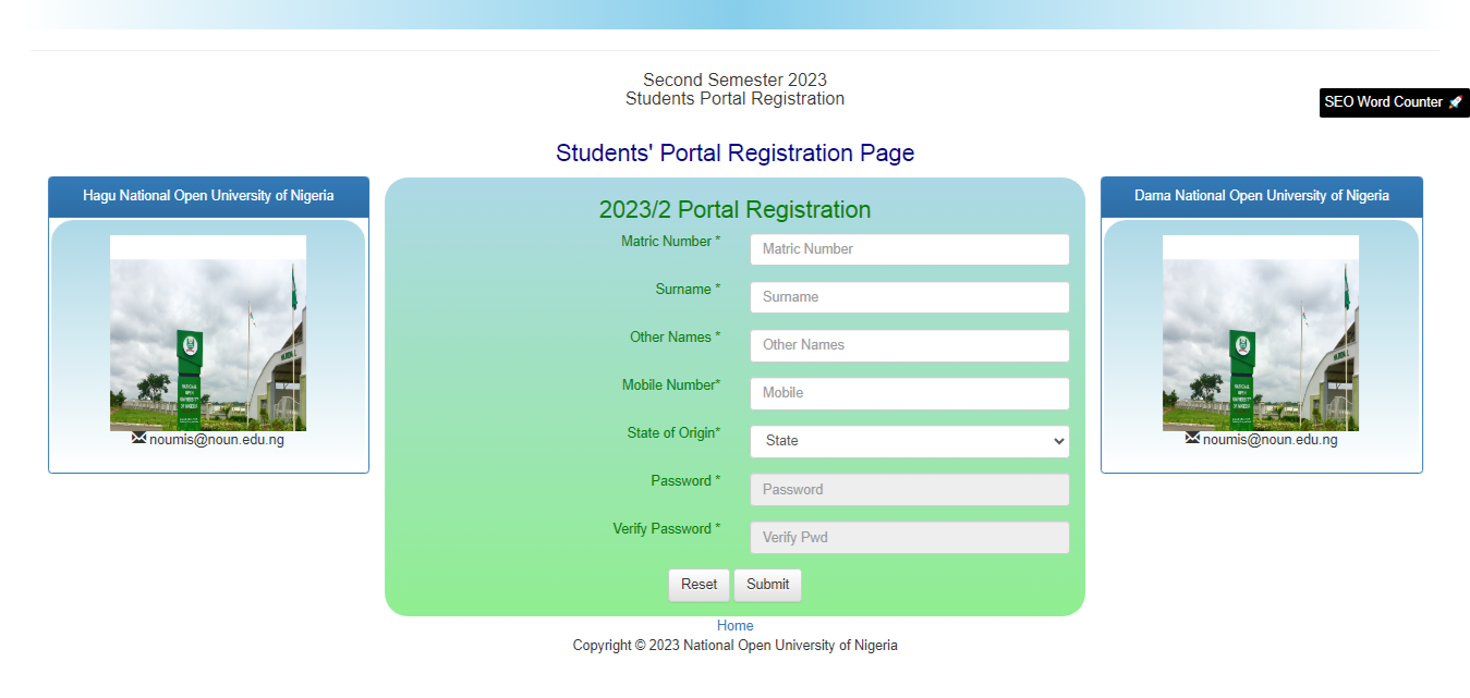 NOUN students’ portal registration page