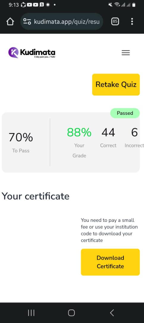 Kudimata quiz result